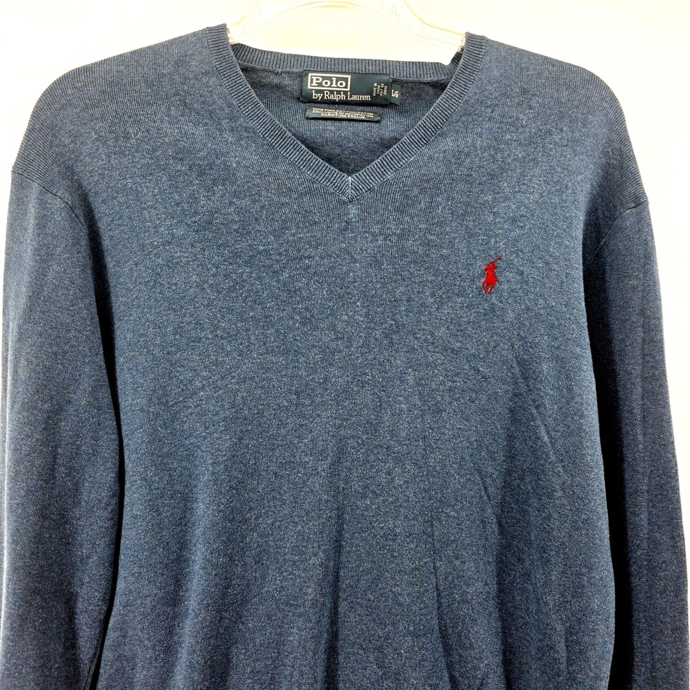 Polo Ralph Lauren Mens V-Neck Sweater Blue Pima Cotton Rayon Large Pony Logo